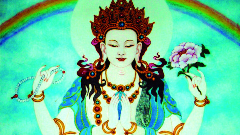 painting of four-armed Chenrezig meditation deity with a rainbow and moon-disc behind the figure, who holds a flower on the right, a rosary on the left, and a gem in the center